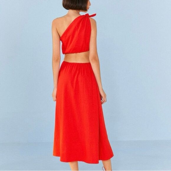 NEW FARM Rio Red Midi Knot Dress Linen Cutout Elastic Waist Asymmetrical Size XL - Picture 7 of 13